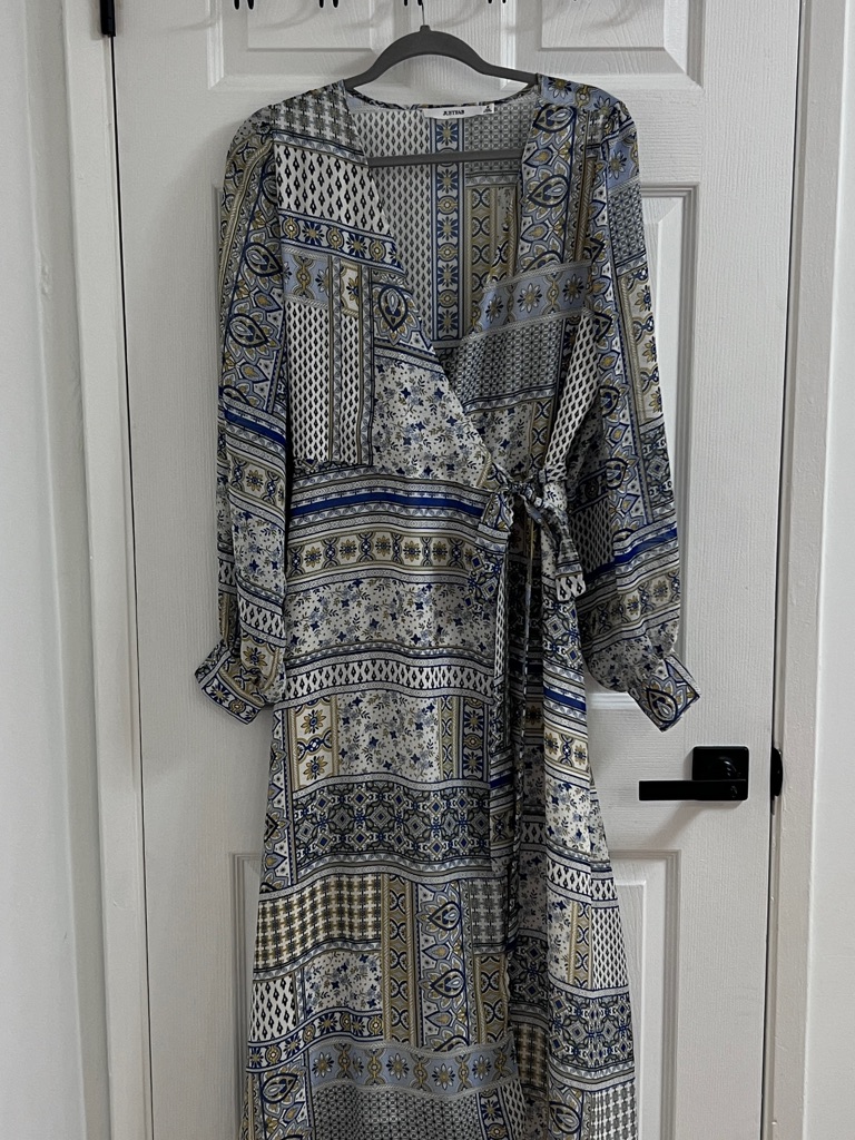 Justfab Blue And Cream Patchwork Print Wrap Maxi Dress